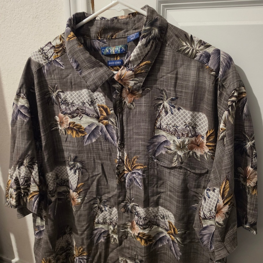 Campia Mens 3XLT Hawaiian Shirt Grey Tropical Palm Tree Rayon Button Down Tall